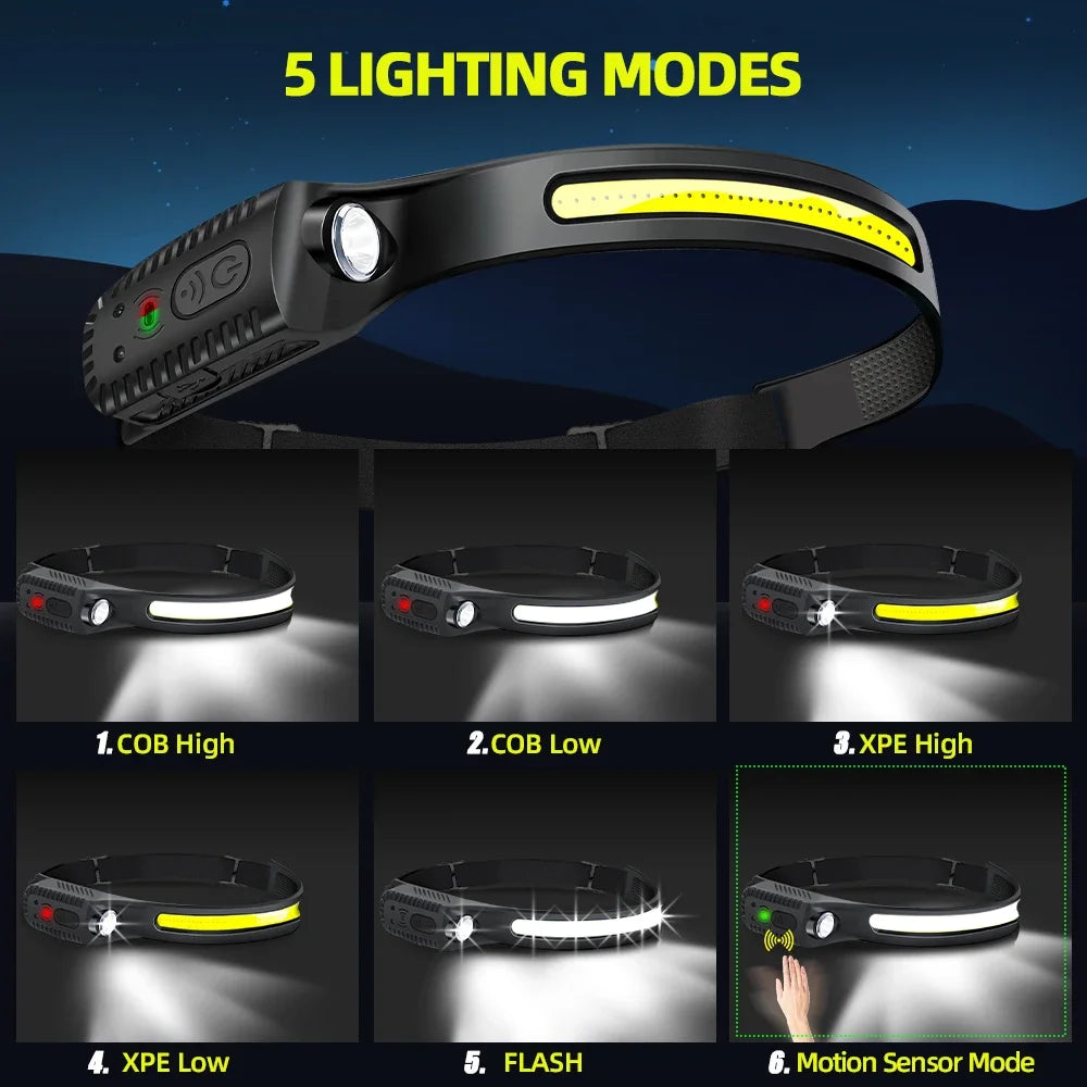 USB Rechargeable LED Head Torch – Powerful Sensor Headlamp for Camping, Fishing & Outdoor Adventures