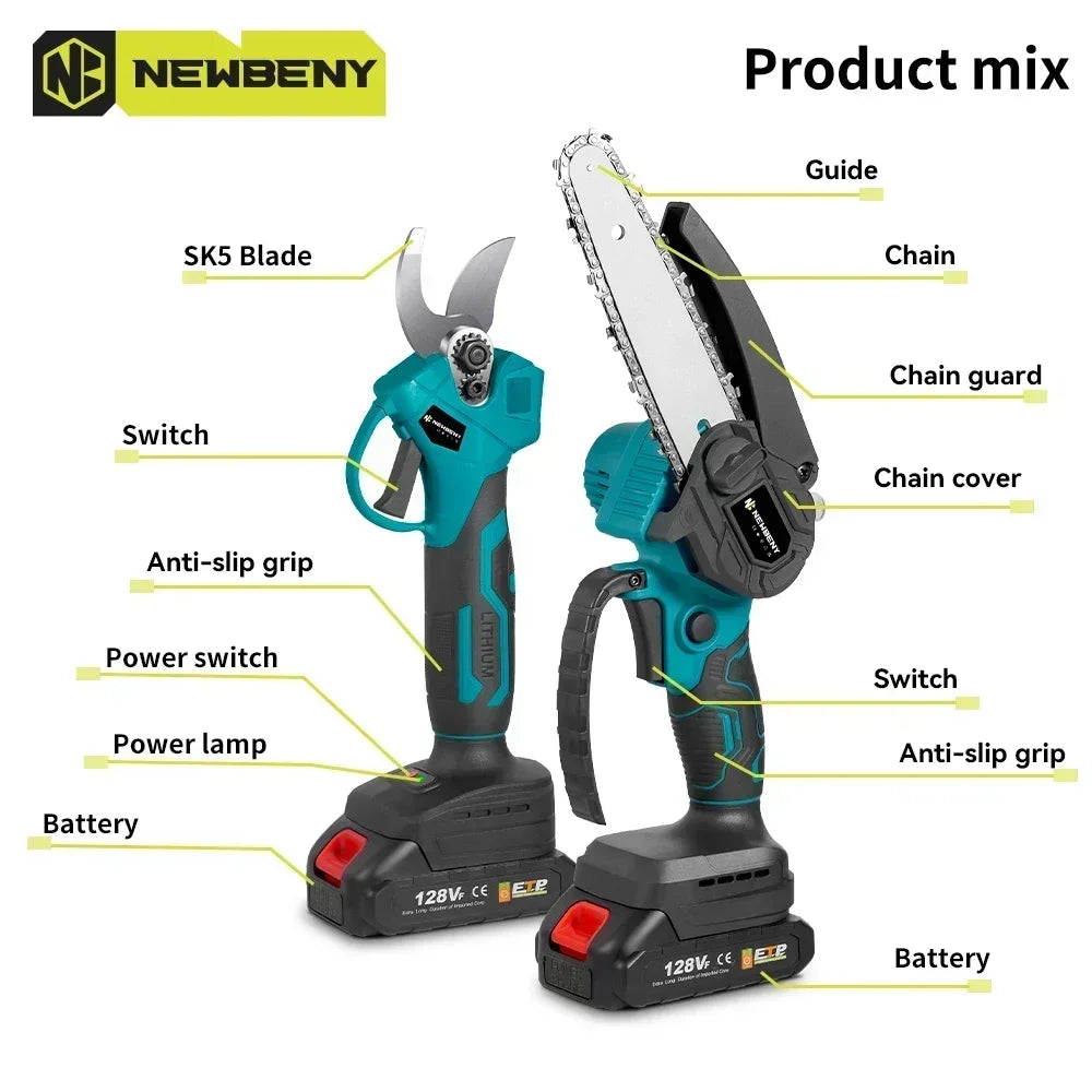 Brushless 6" Electric Chainsaw + 30mm Garden Pruner – Portable Set for DIY & Landscaping