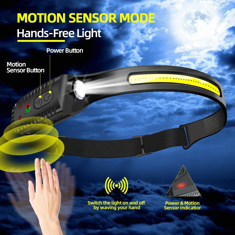 USB Rechargeable LED Head Torch – Powerful Sensor Headlamp for Camping, Fishing & Outdoor Adventures