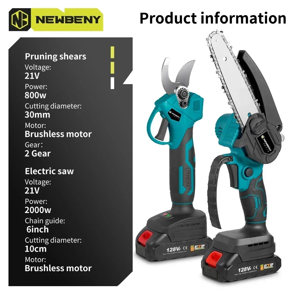 Brushless 6" Electric Chainsaw + 30mm Garden Pruner – Portable Set for DIY & Landscaping