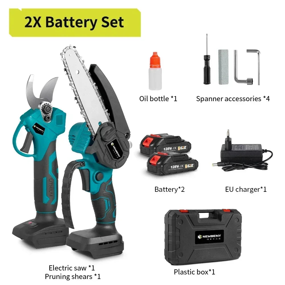 Brushless 6" Electric Chainsaw + 30mm Garden Pruner – Portable Set for DIY & Landscaping