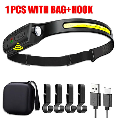 USB Rechargeable LED Head Torch – Powerful Sensor Headlamp for Camping, Fishing & Outdoor Adventures