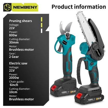 Brushless 6" Electric Chainsaw + 30mm Garden Pruner – Portable Set for DIY & Landscaping